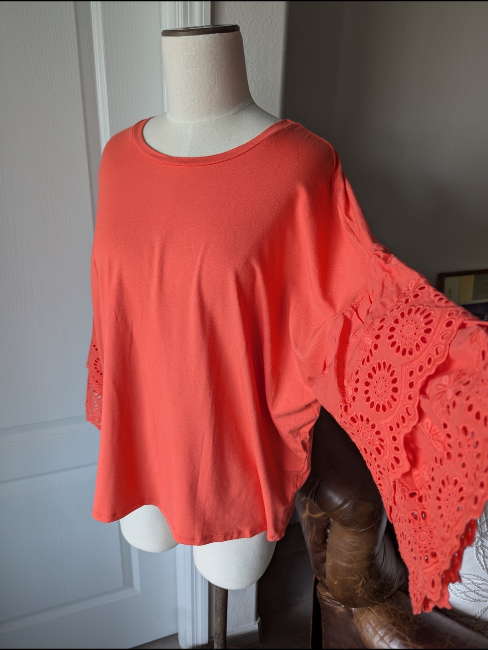 Women's Coral Crochet Bell Sleeve Top